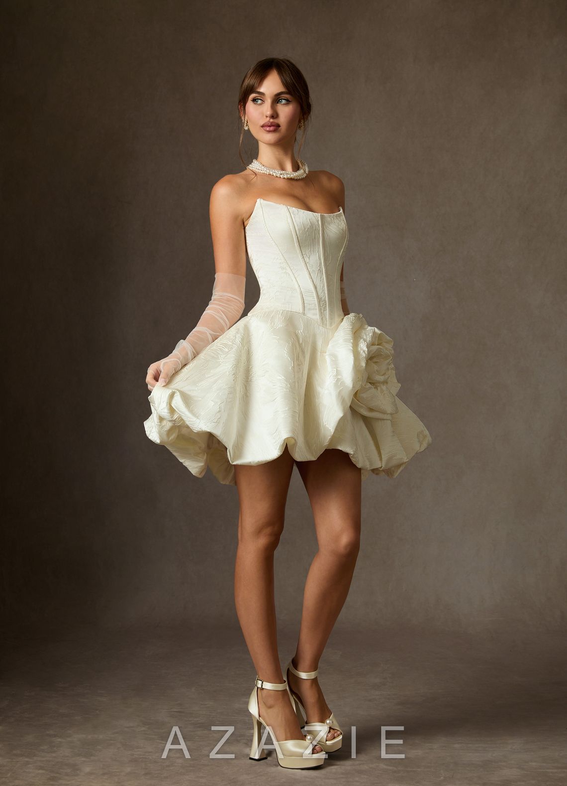 Azazie Kloe Antique White Ball-Gown Strapless Floral Jacquard Dress antique_white