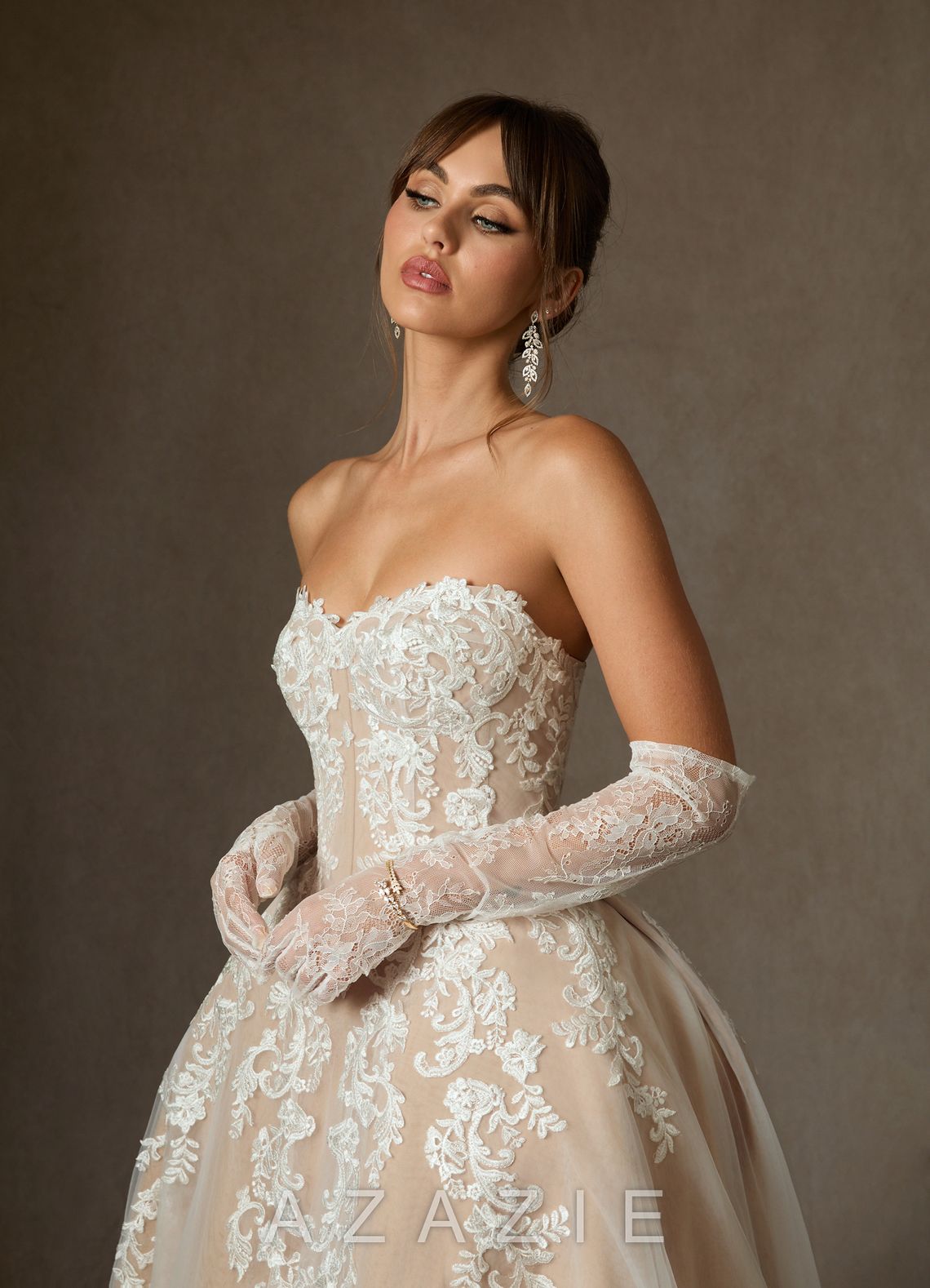 Azazie Sonnet Diamond White Champagne Ball-Gown Strapless Lace Dress