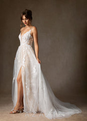 Azazie Monda Wedding Dress Diamond White Champagne A-Line Lace Tulle Dress