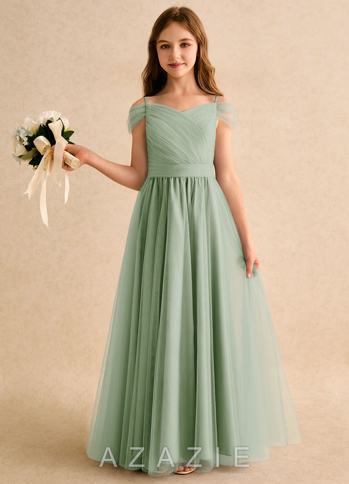 Azazie Yuna Girls Formal Dusty Sage A-Line Off the Shoulder Tulle Dress dusty_sage