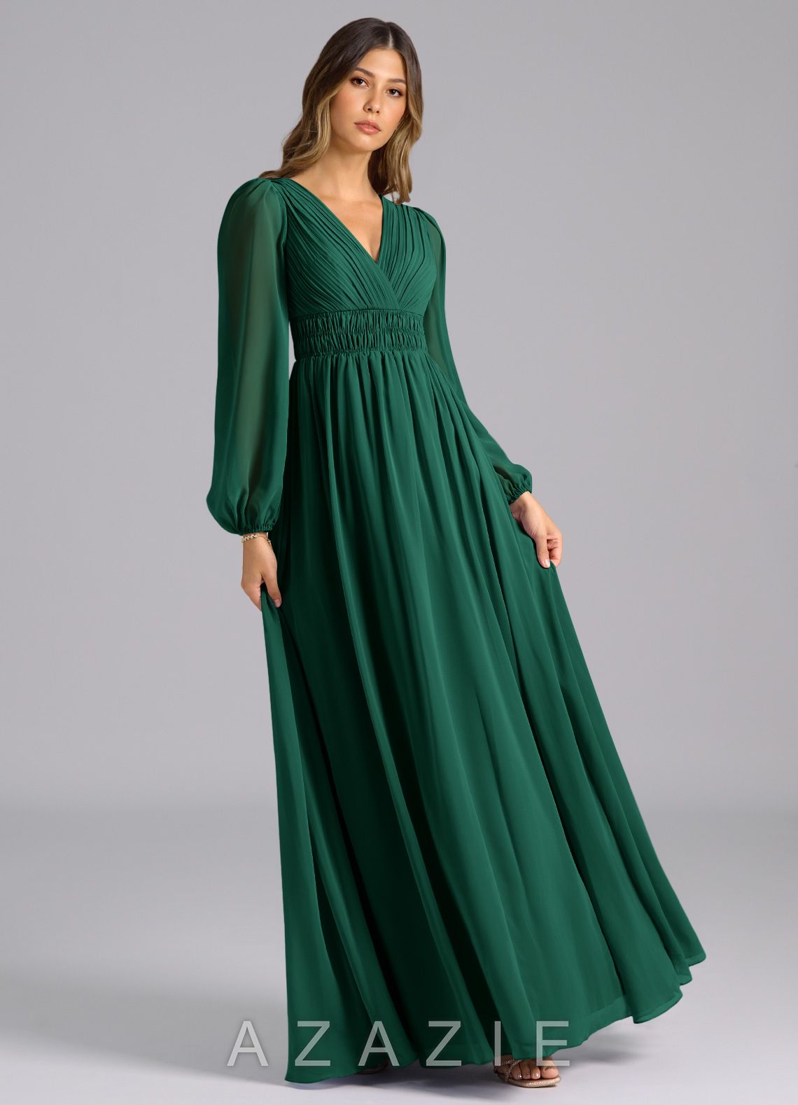 Azazie Palerma Emerald A-Line Long Sleeve Chiffon Dress emerald