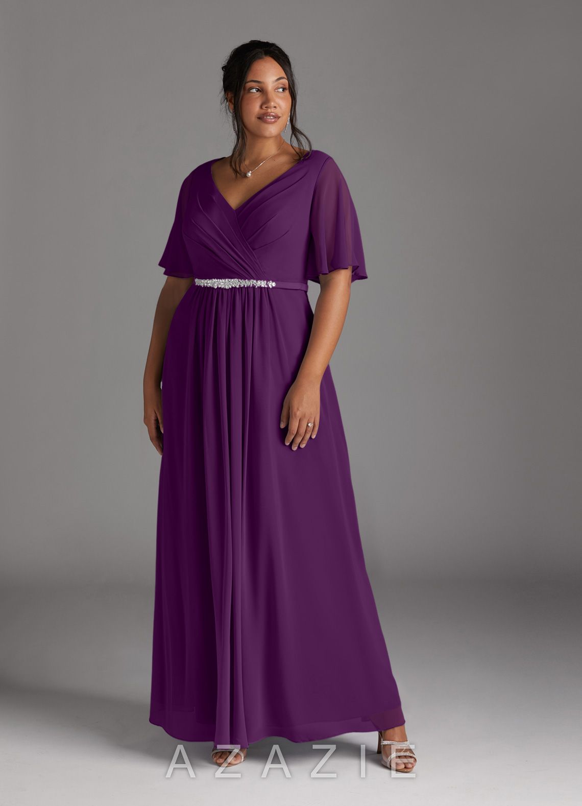 Azazie Tricia Grape A-Line V-Neck Pleated Chiffon Dress grape