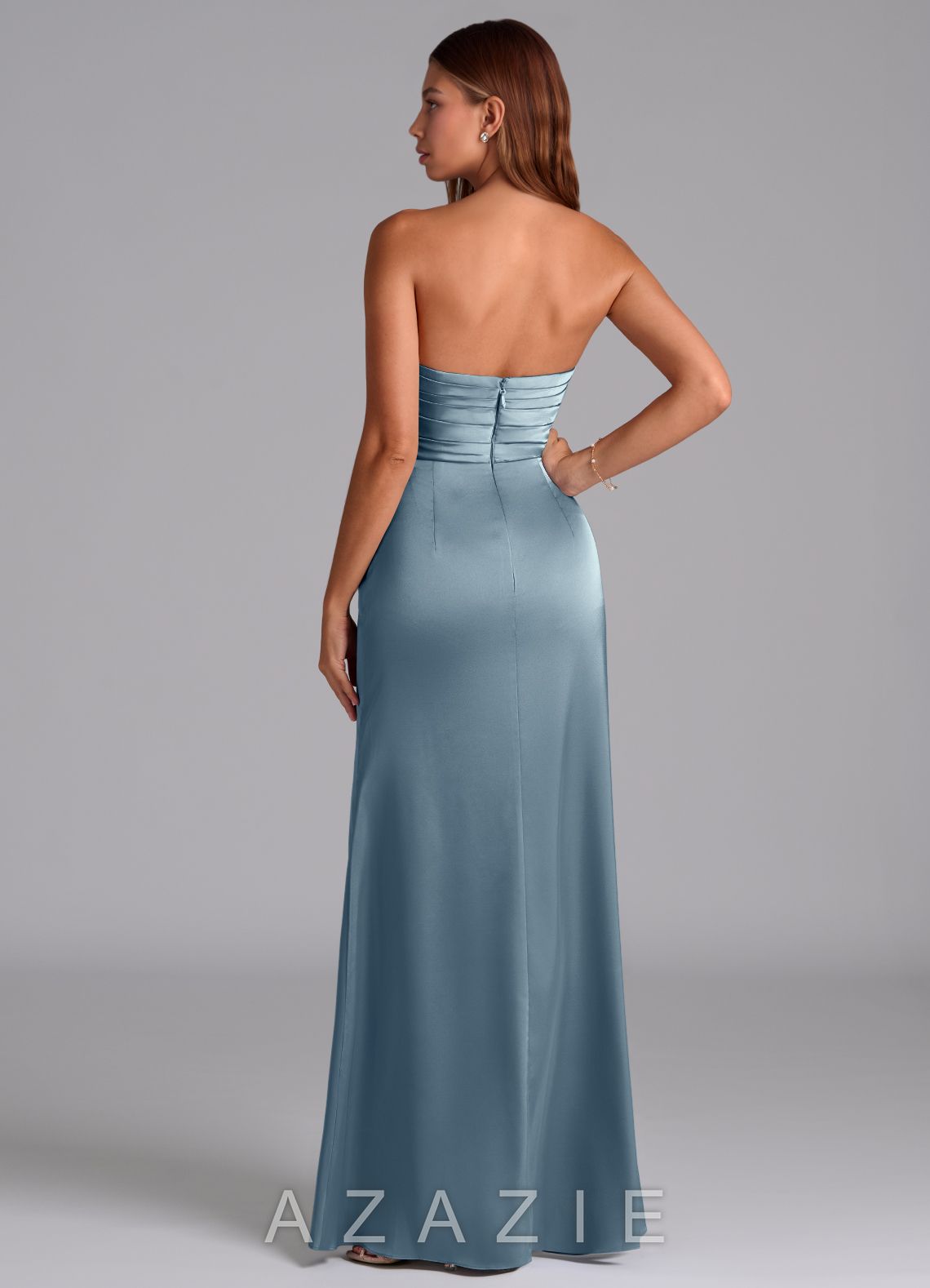 Azazie Claudelle Dusty Blue Mermaid Strapless Stretch Satin Dress dusty_blue