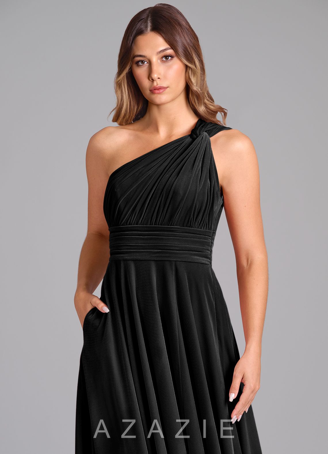 Azazie Charlize Black A-Line One Shoulder Velvet Dress black