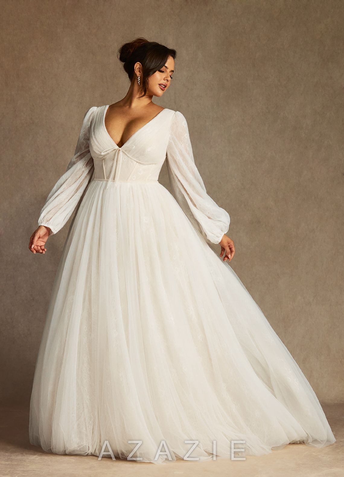 Azazie Cressida Wedding Dress Diamond White Champagne Ball-Gown Lace Tulle Dress diamond_white/champagne