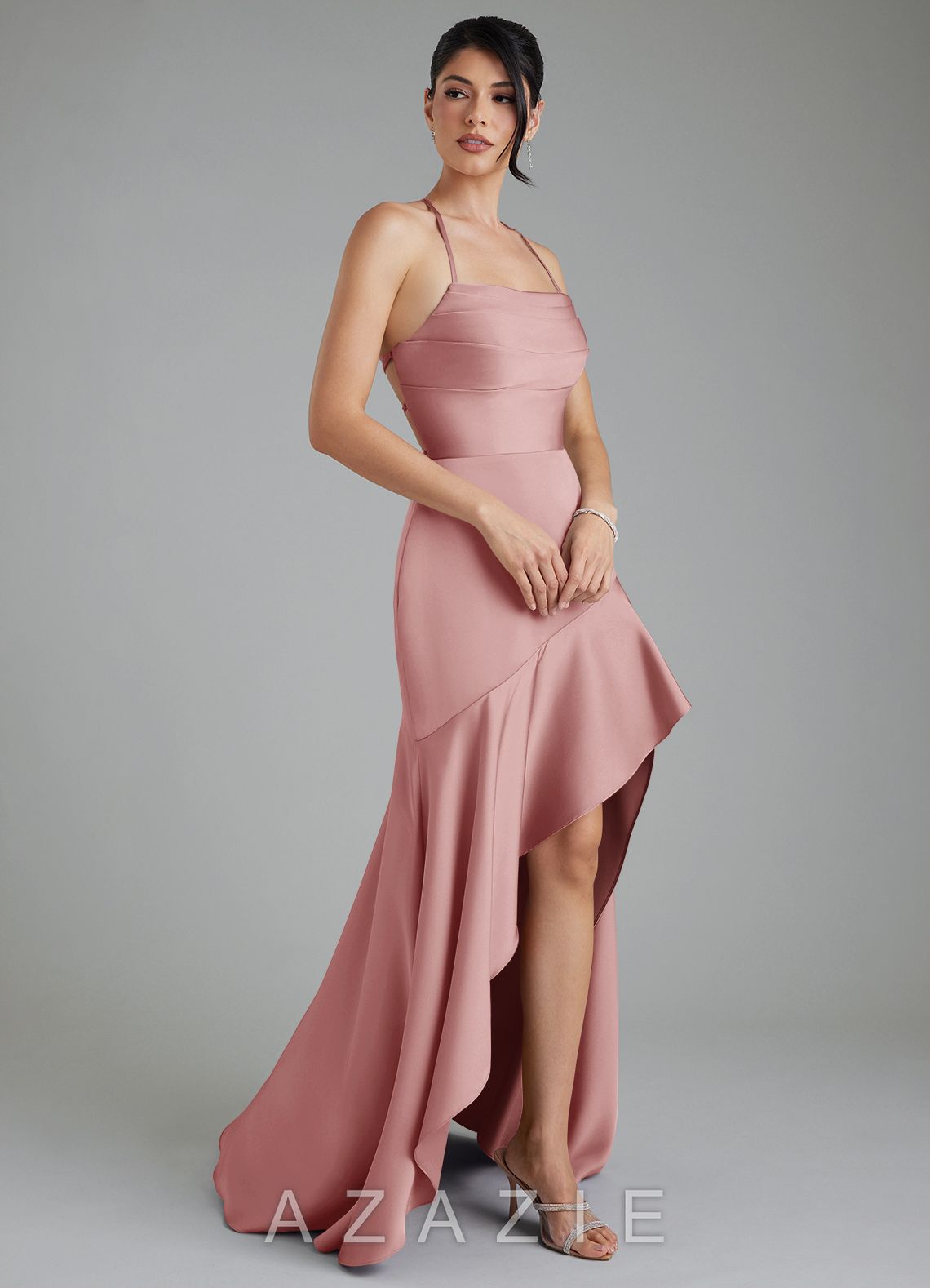 Azazie Jaslene Dusty Rose A-Line Corset Stretch Satin Dress dusty_rose