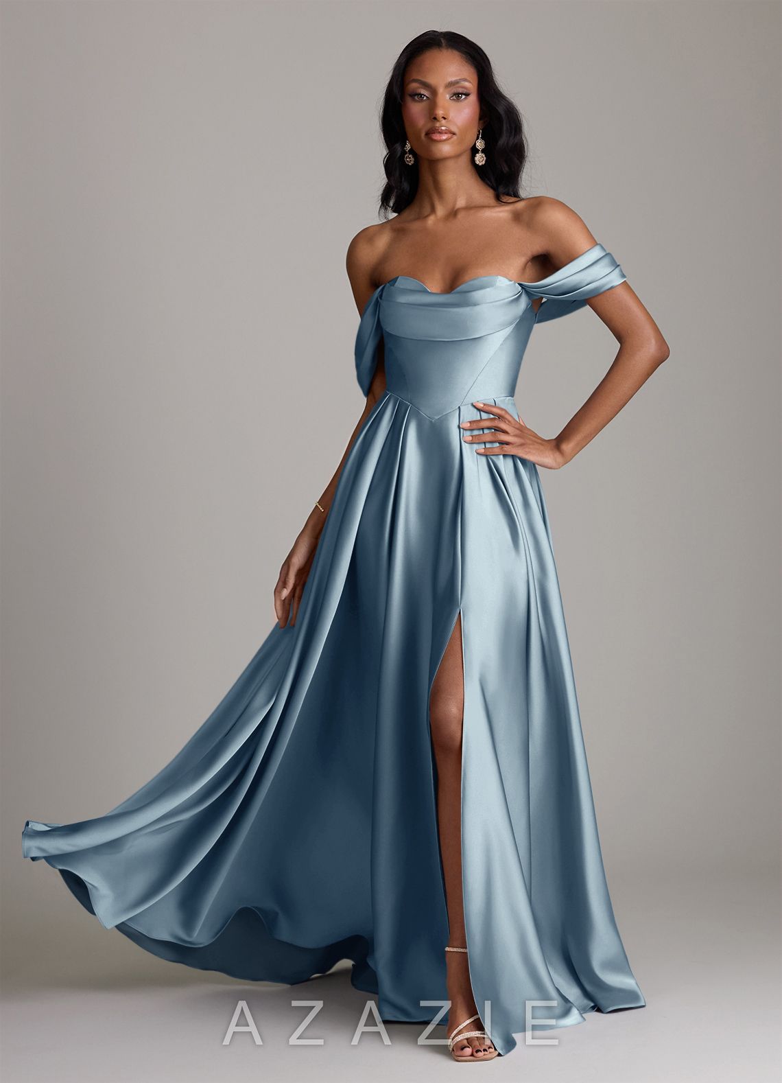 Azazie Loisa Dusty Blue A-Line Off the Shoulder Stretch Satin Dress