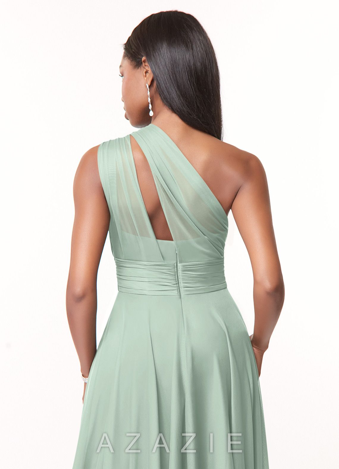 Azazie Charlize Agave A-Line One Shoulder Mesh Dress agave