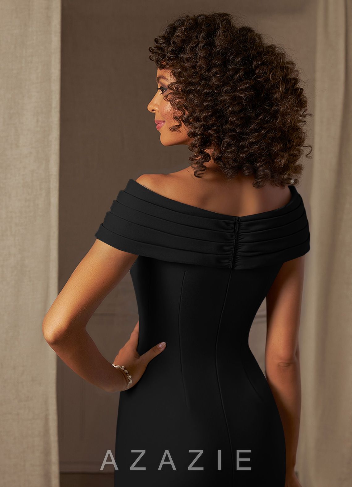 Azazie Monet Black Sheath Pleated Stretch Crepe Dress black