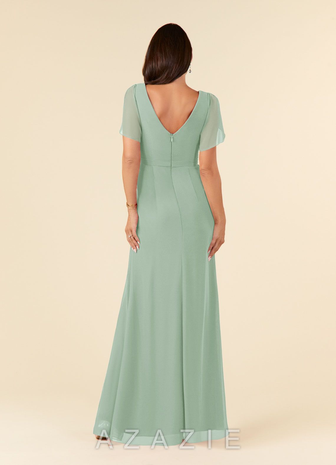 Azazie Marianne Agave Sheath V-Neck Pleated Chiffon Dress agave