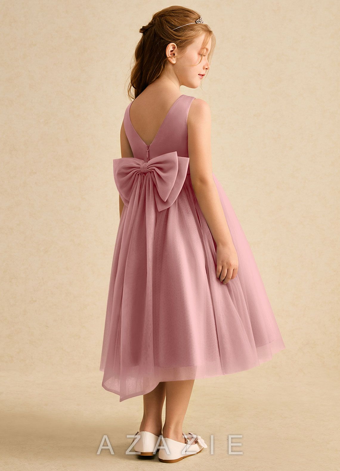 Azazie Winnie Dusty Rose Ball-Gown Bow Tulle Dress dusty_rose