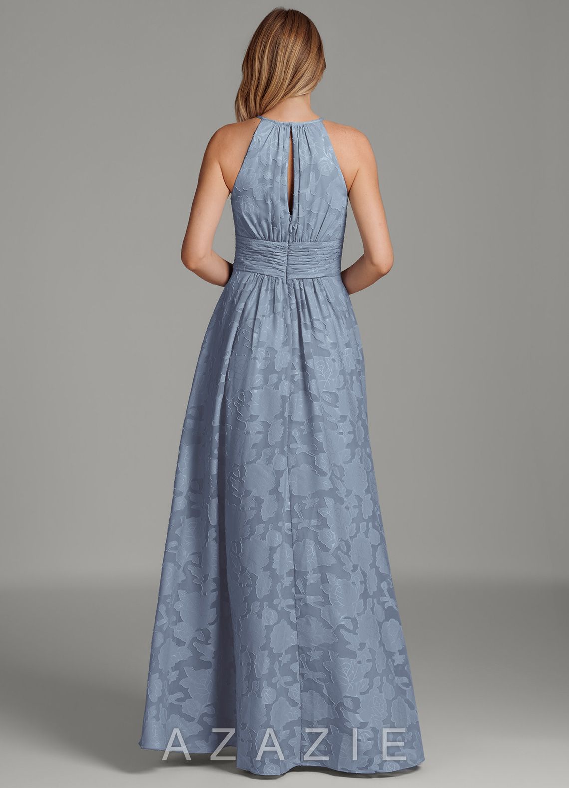 Azazie Bonnie Dusty Blue A-Line Pleated Floral Burnout Dress dusty_blue