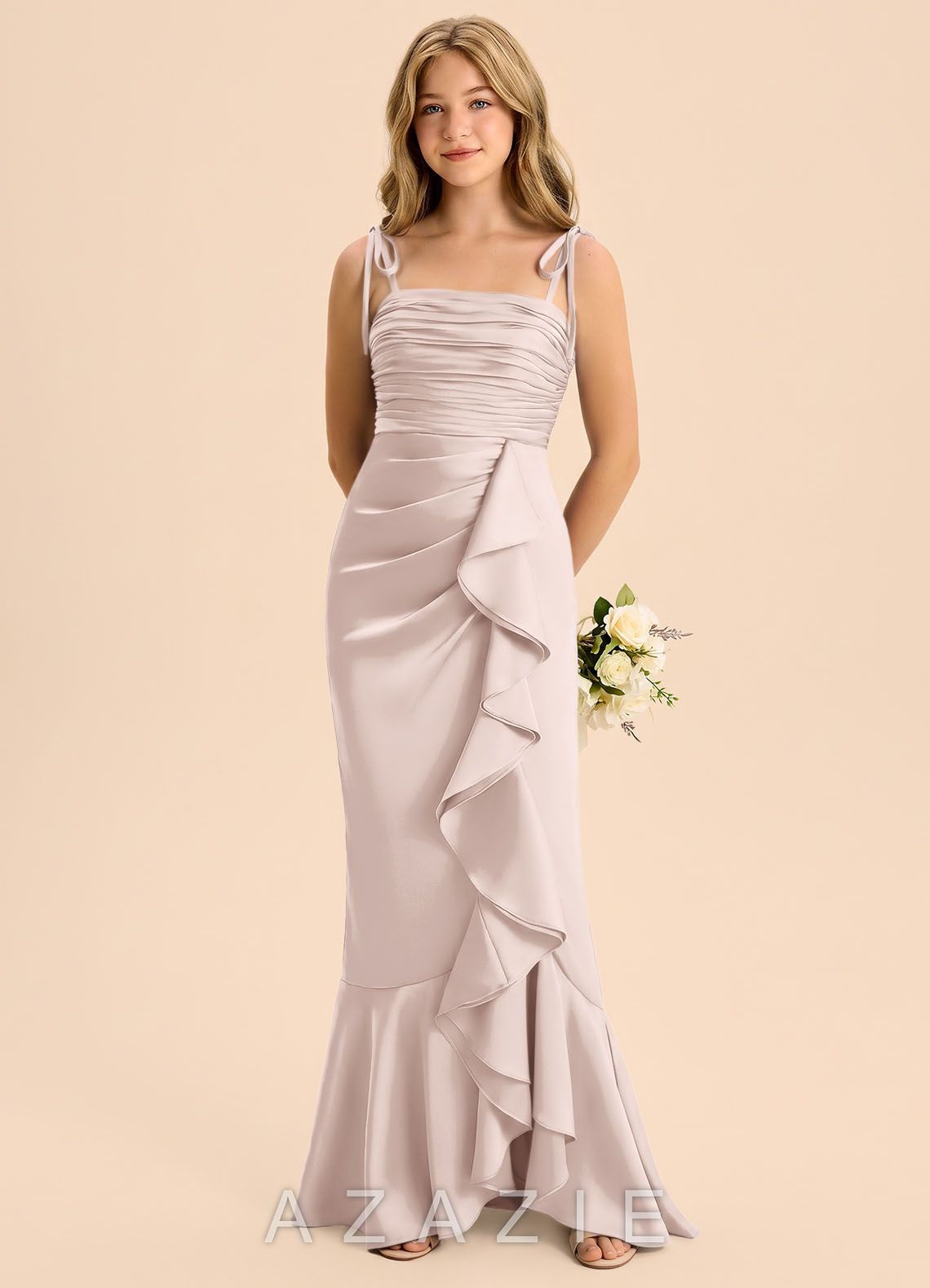 Azazie Ryan Junior Blushing Pink Sheath Bow Stretch Satin Dress blushing_pink