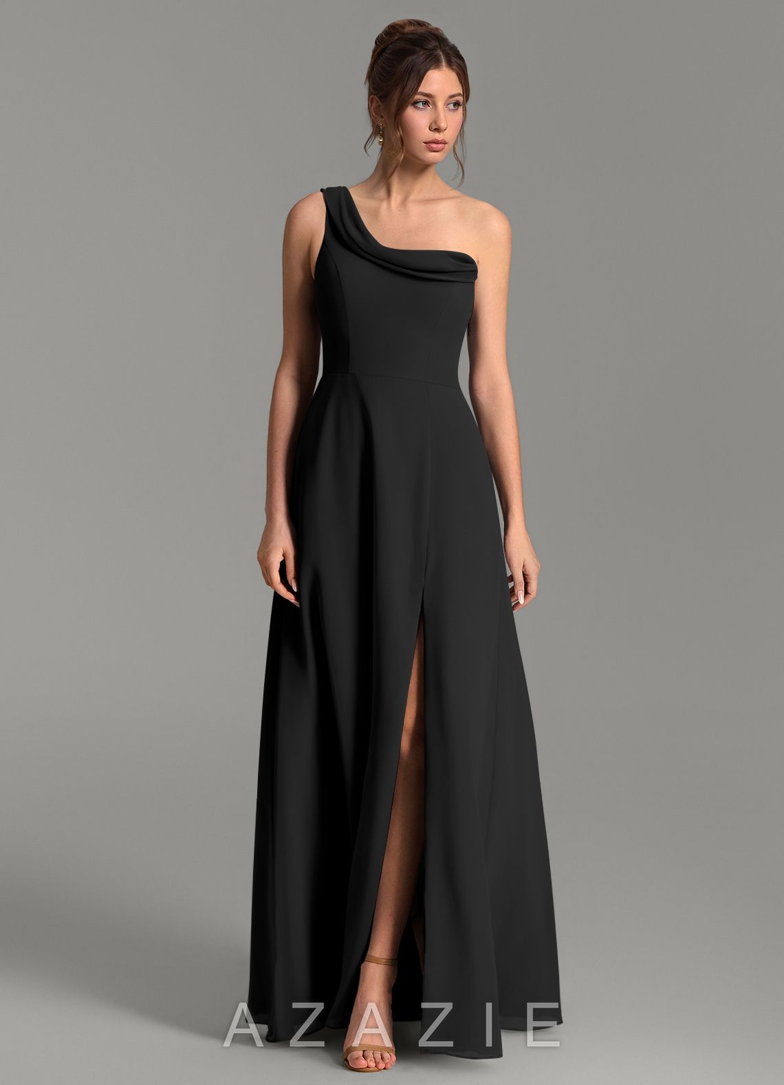 Azazie Thea Black A-Line One Shoulder Chiffon Dress