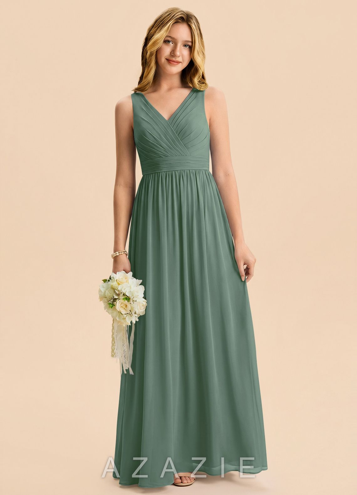 Azazie Kora Junior Eucalyptus A-Line Pleated Chiffon Dress eucalyptus