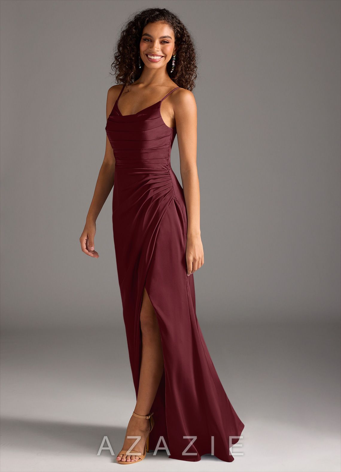 Azazie Deandra Cabernet Mermaid Pleated Stretch Satin Dress cabernet