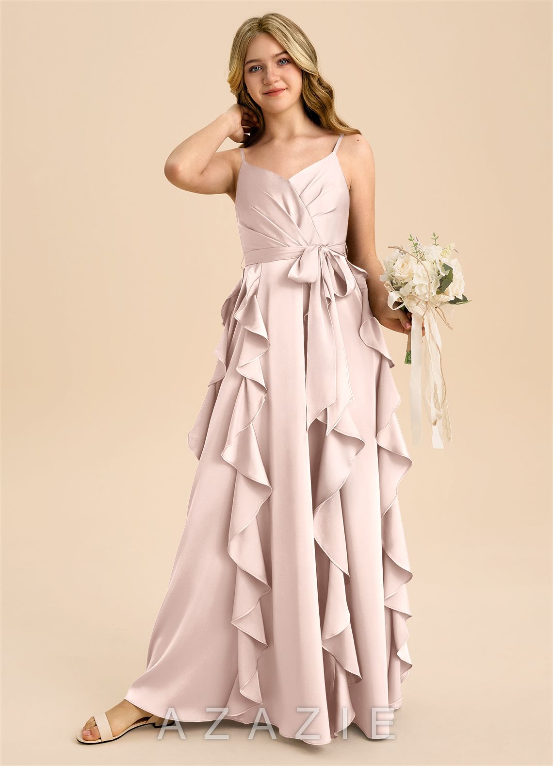 Azazie Peyton Junior Blushing Pink A-Line Pleated Stretch Satin Dress blushing_pink