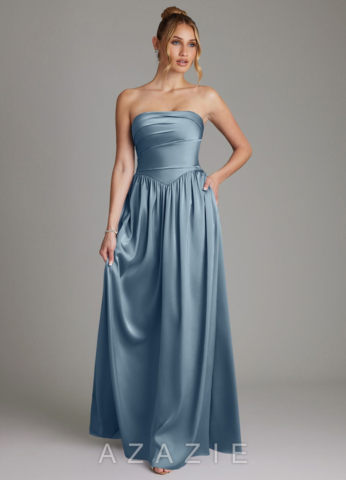 Azazie Zena Dusty Blue A-Line Strapless Stretch Satin Dress