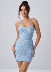 Rosalythienne Sky Blue Lace Rhinestones Open Back Mini Dress