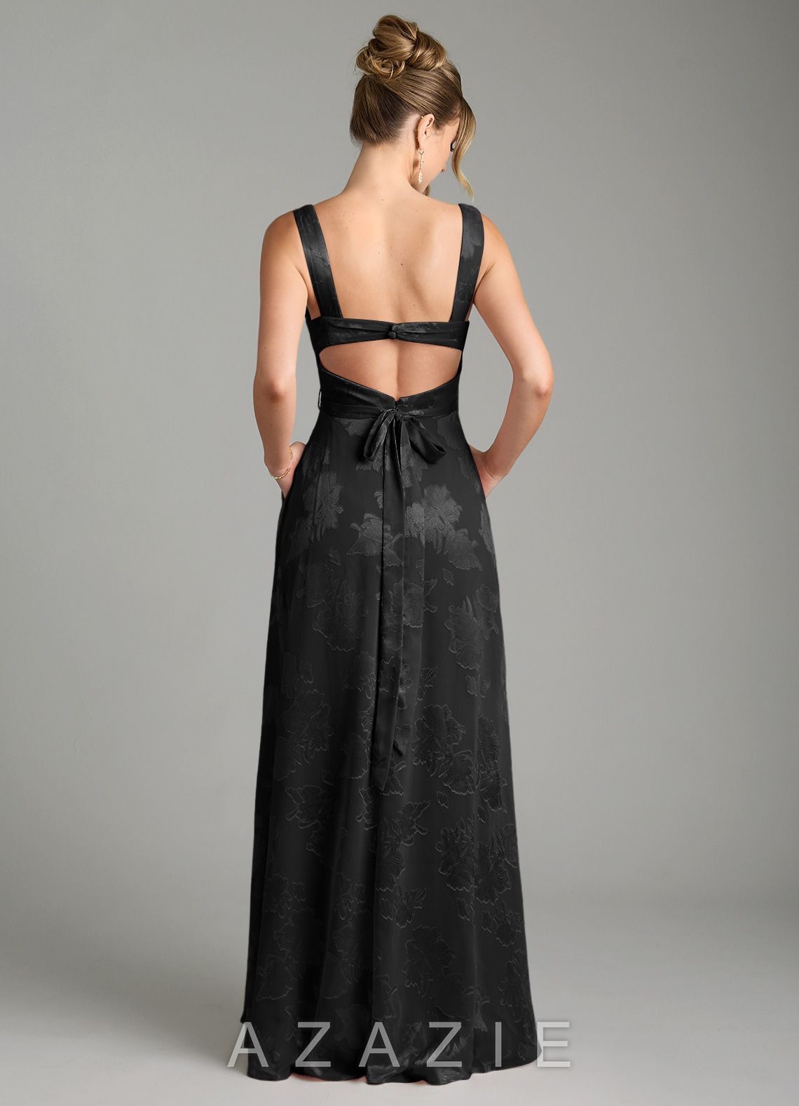 Azazie Cheyenne Black A-Line Pleated Floral Jacquard Burnout Dress black