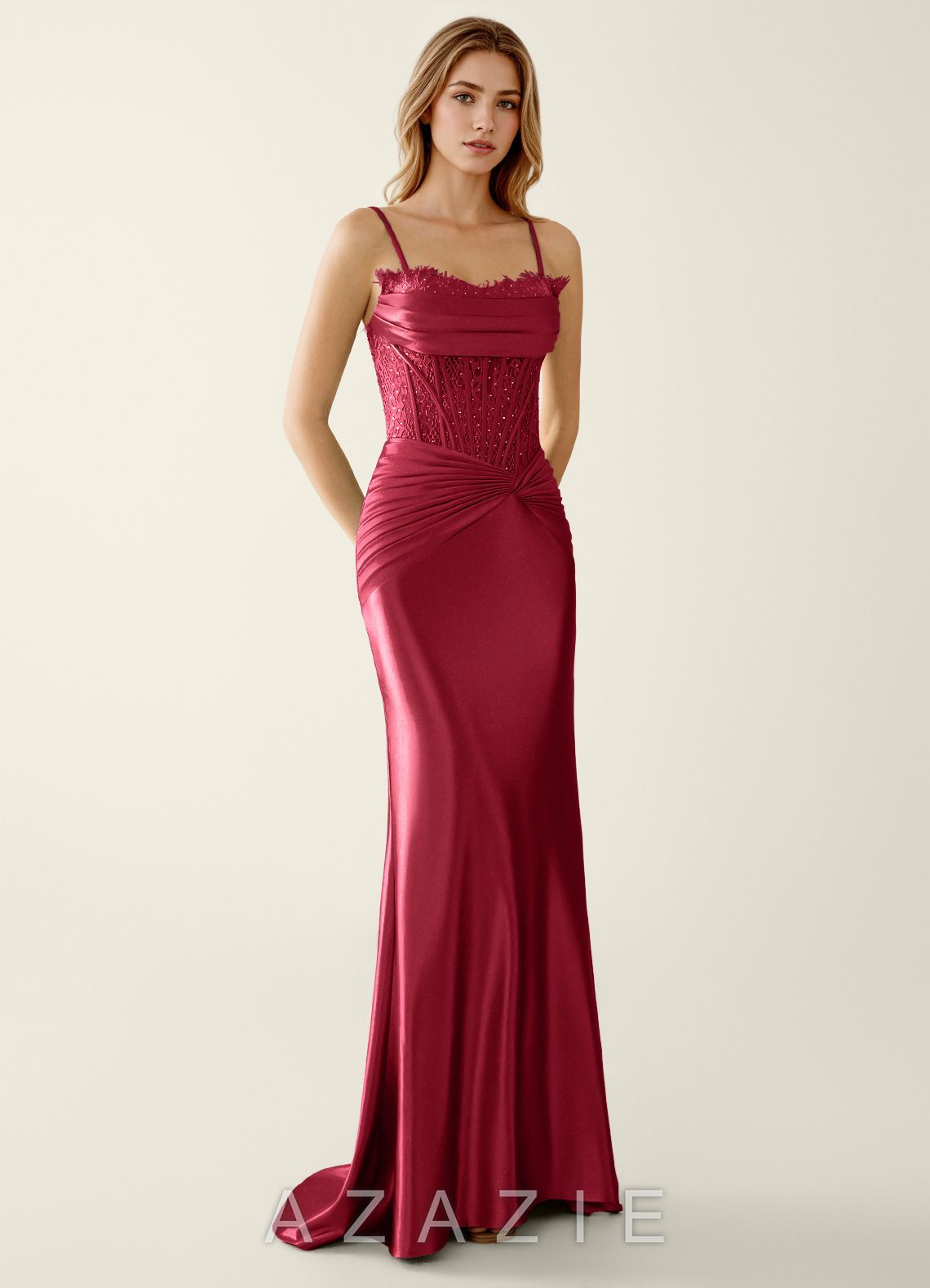 Sasha Burgundy Satin Wrap Corset Mermaid Prom Dress  burgundy