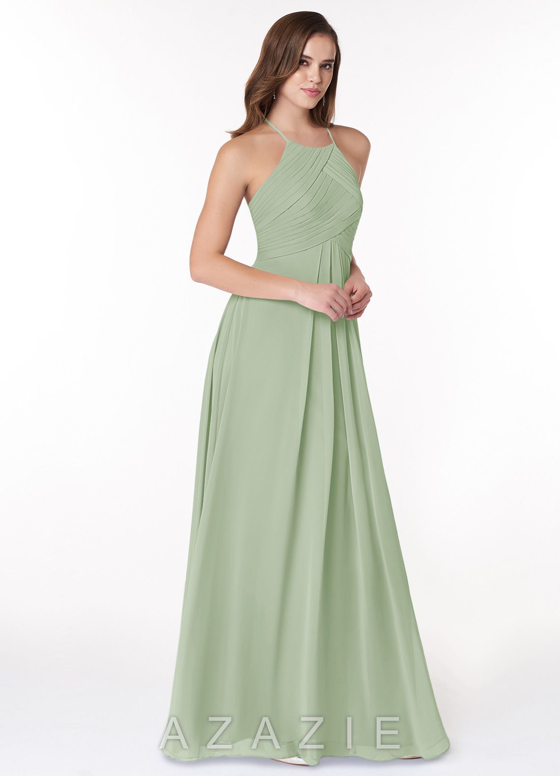 Azazie Ginger Dusty Sage A-Line Halter Pleated Chiffon Dress