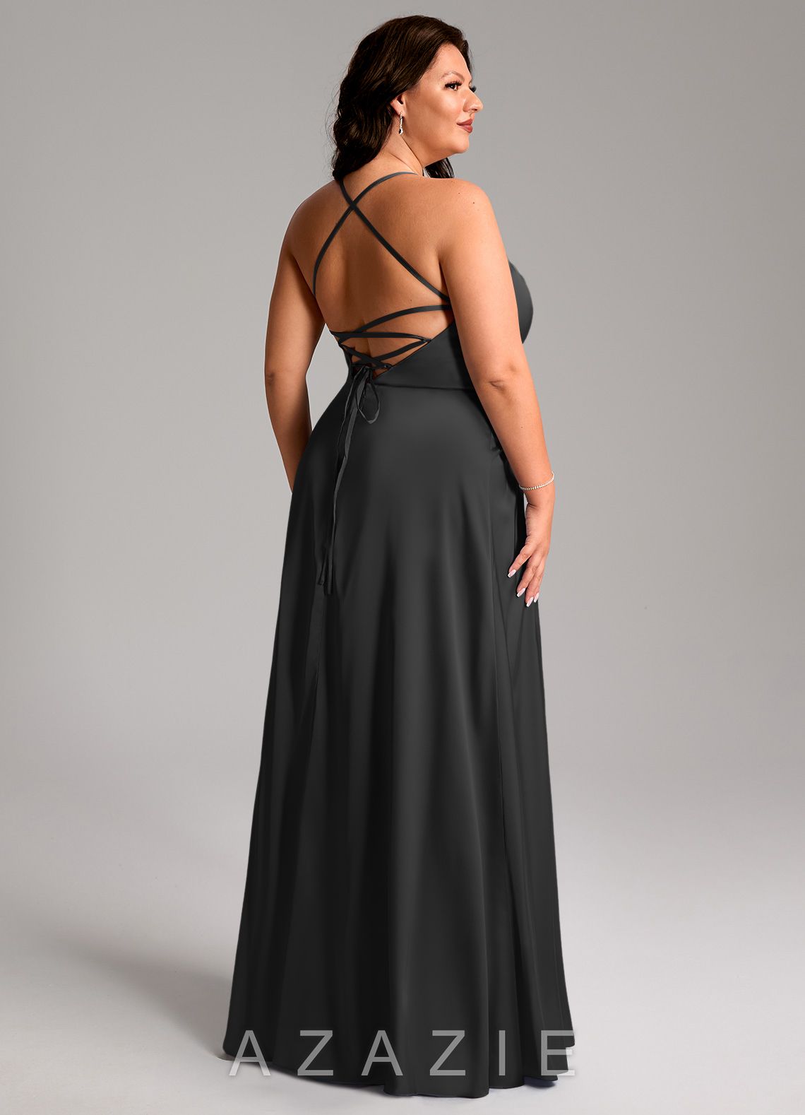 Azazie Mei Black A-Line V-Neck Stretch Satin Dress black