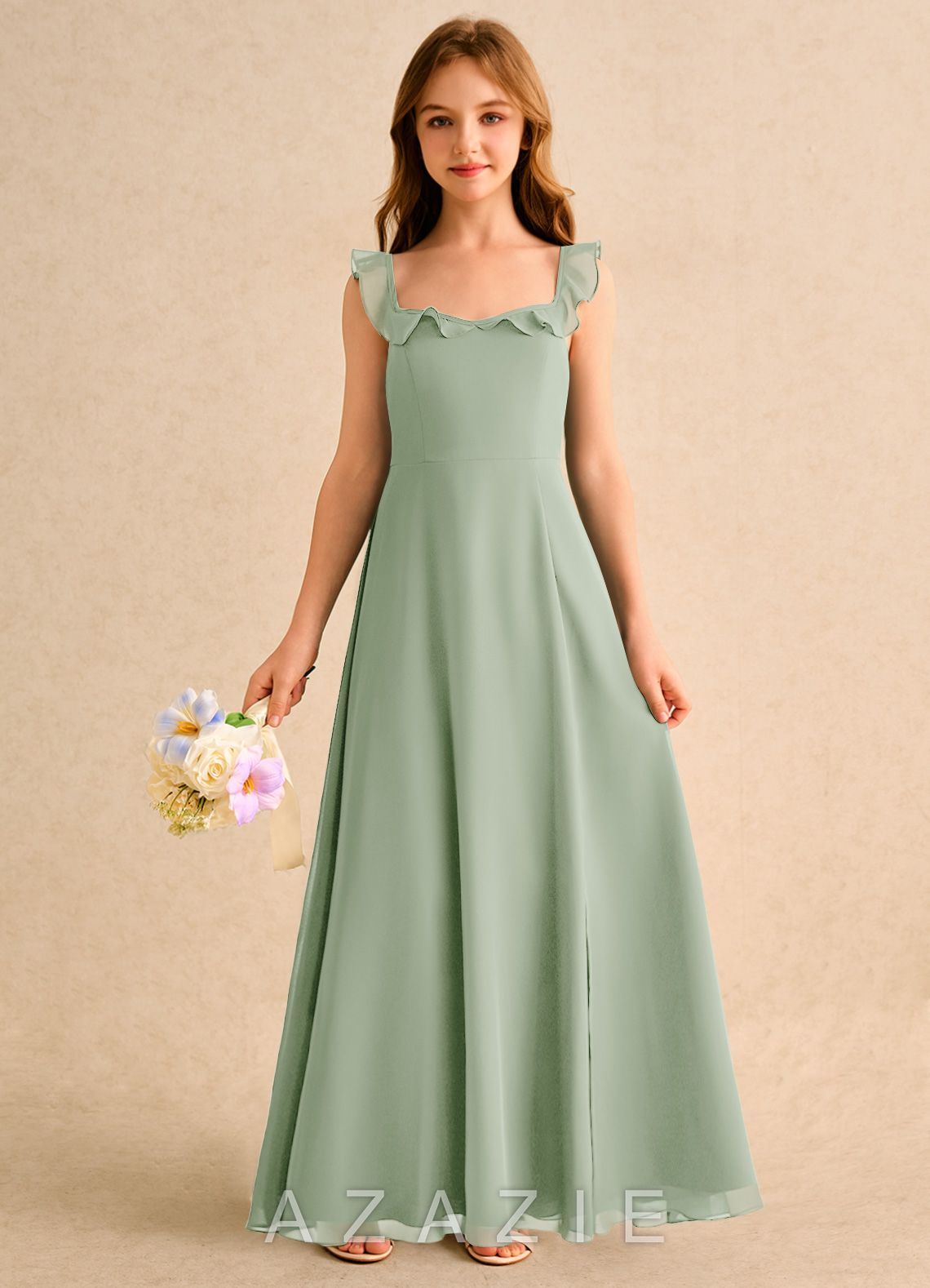 Azazie Chip Girls Formal Dusty Sage A-Line Sleeveless Chiffon Dress dusty_sage