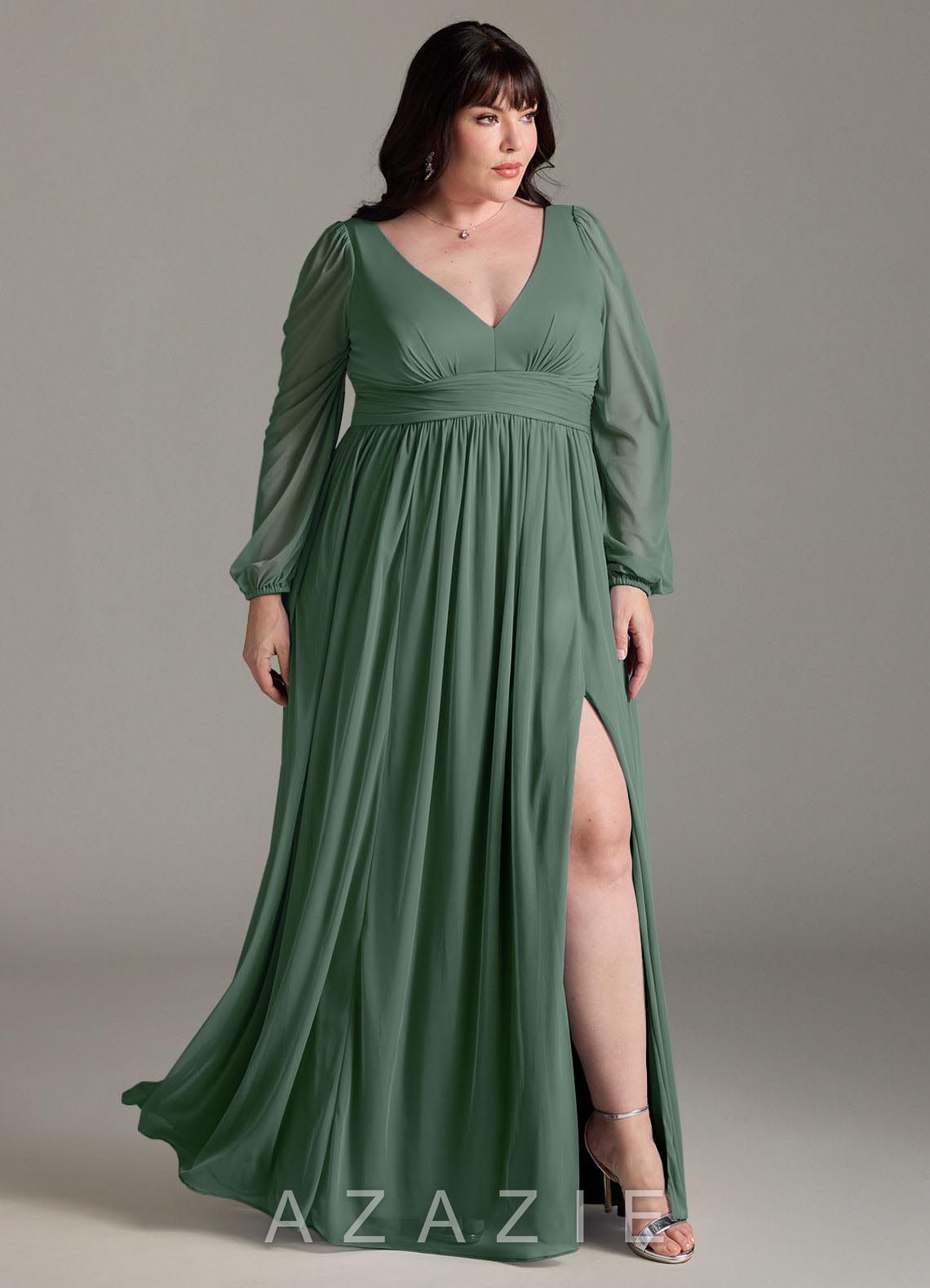 Azazie Norah Eucalyptus A-Line V-Neck Long Sleeve Chiffon Dress eucalyptus