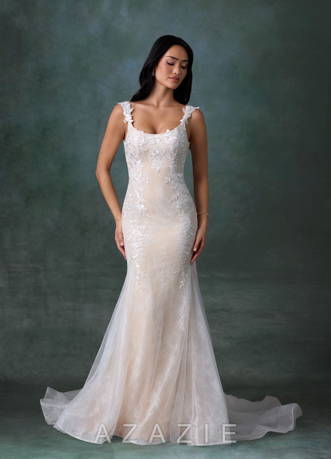 Azazie Veronica Diamond White Champagne Mermaid Tulle Dress diamond_white/champagne