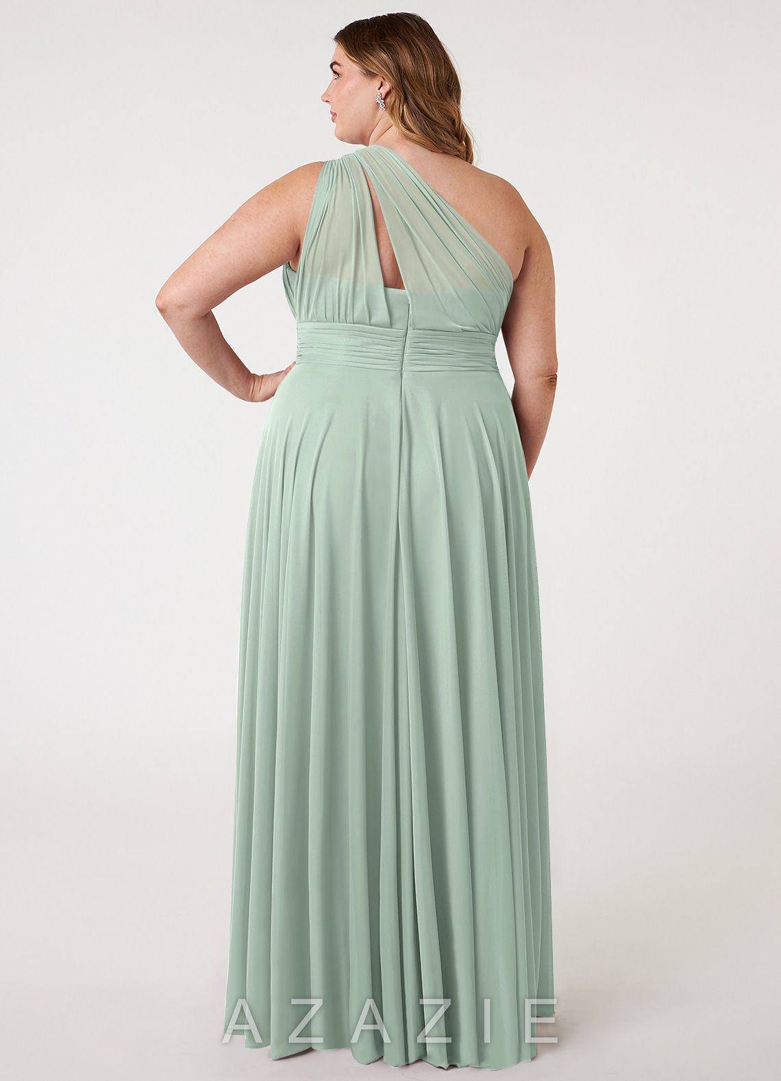 Azazie Charlize Agave A-Line One Shoulder Mesh Dress agave