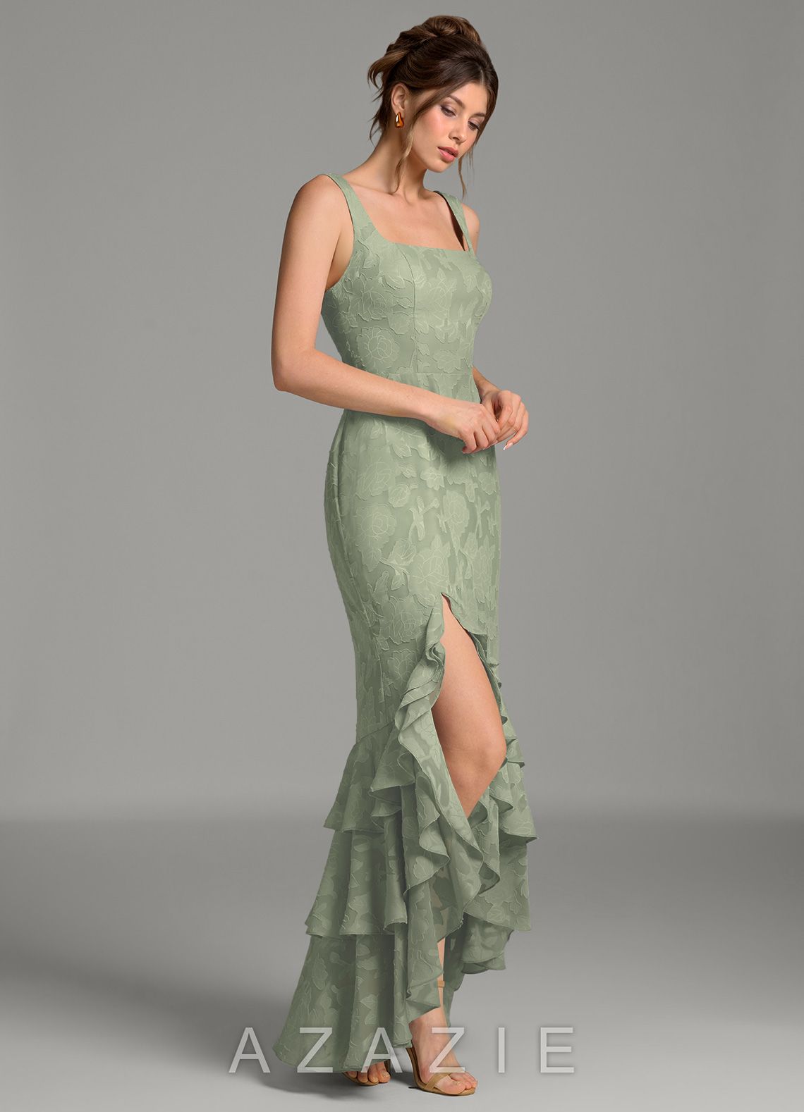 Azazie Apolline Agave Mermaid Corset Floral Burnout Dress agave