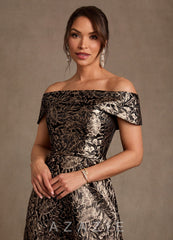 Azazie Jossie Ebony Gold Jacquard A-Line Off the Shoulder Jacquard Dress ebony_gold_jacquard