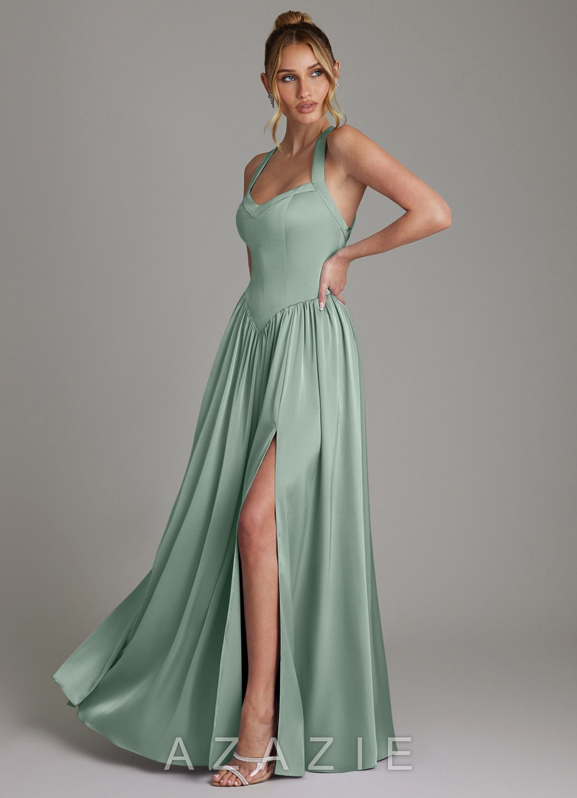 Azazie Francis Agave A-Line Corset Stretch Satin Dress agave