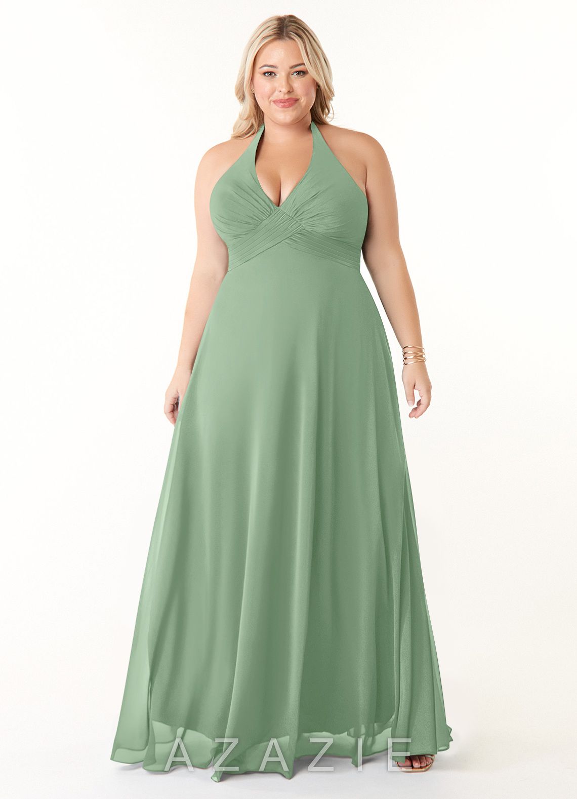 Azazie Tessie Matcha A-Line V-Neck Pleated Chiffon Dress matcha