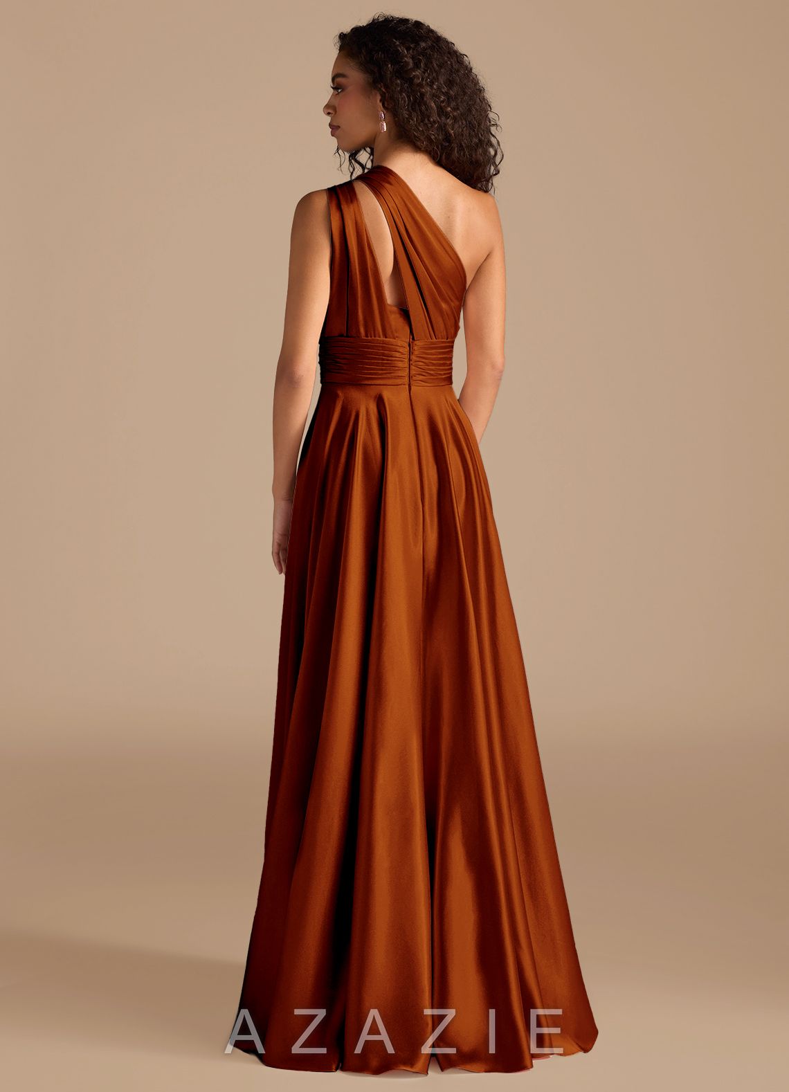 Azazie Charlize Auburn A-Line One Shoulder Metallic Satin Dress auburn