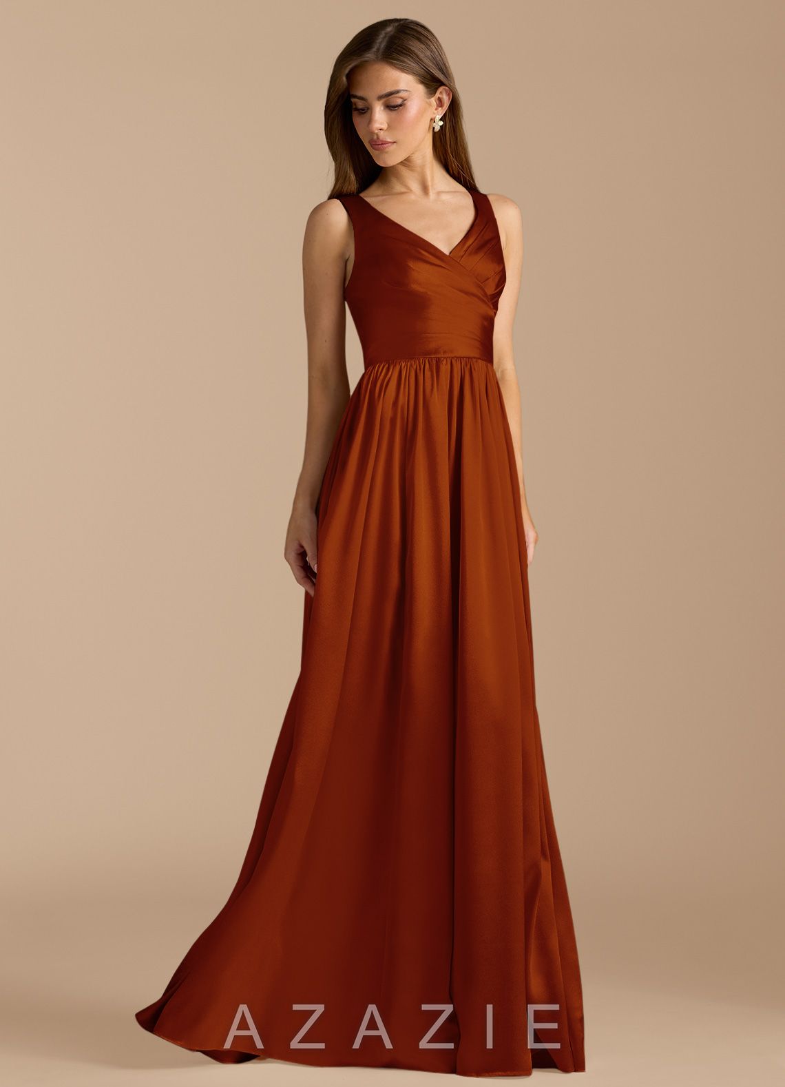 Azazie Keyla Auburn A-Line Pleated Metallic Satin Dress auburn
