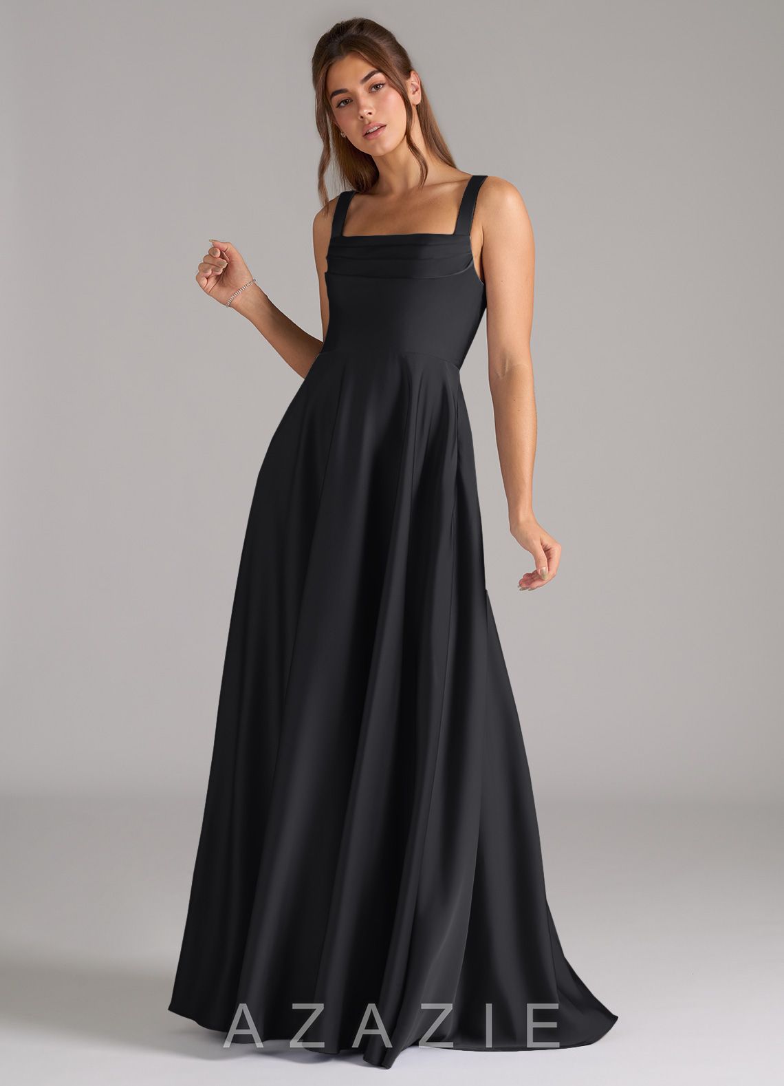 Azazie Shaude Black A-Line Pleated Stretch Satin Dress black