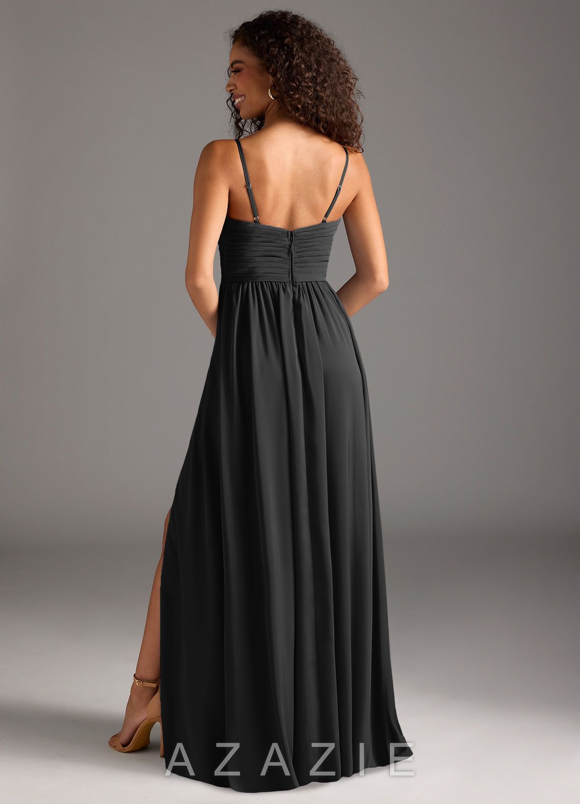 Azazie Alia Black A-Line Pleated Stretch Satin Dress black