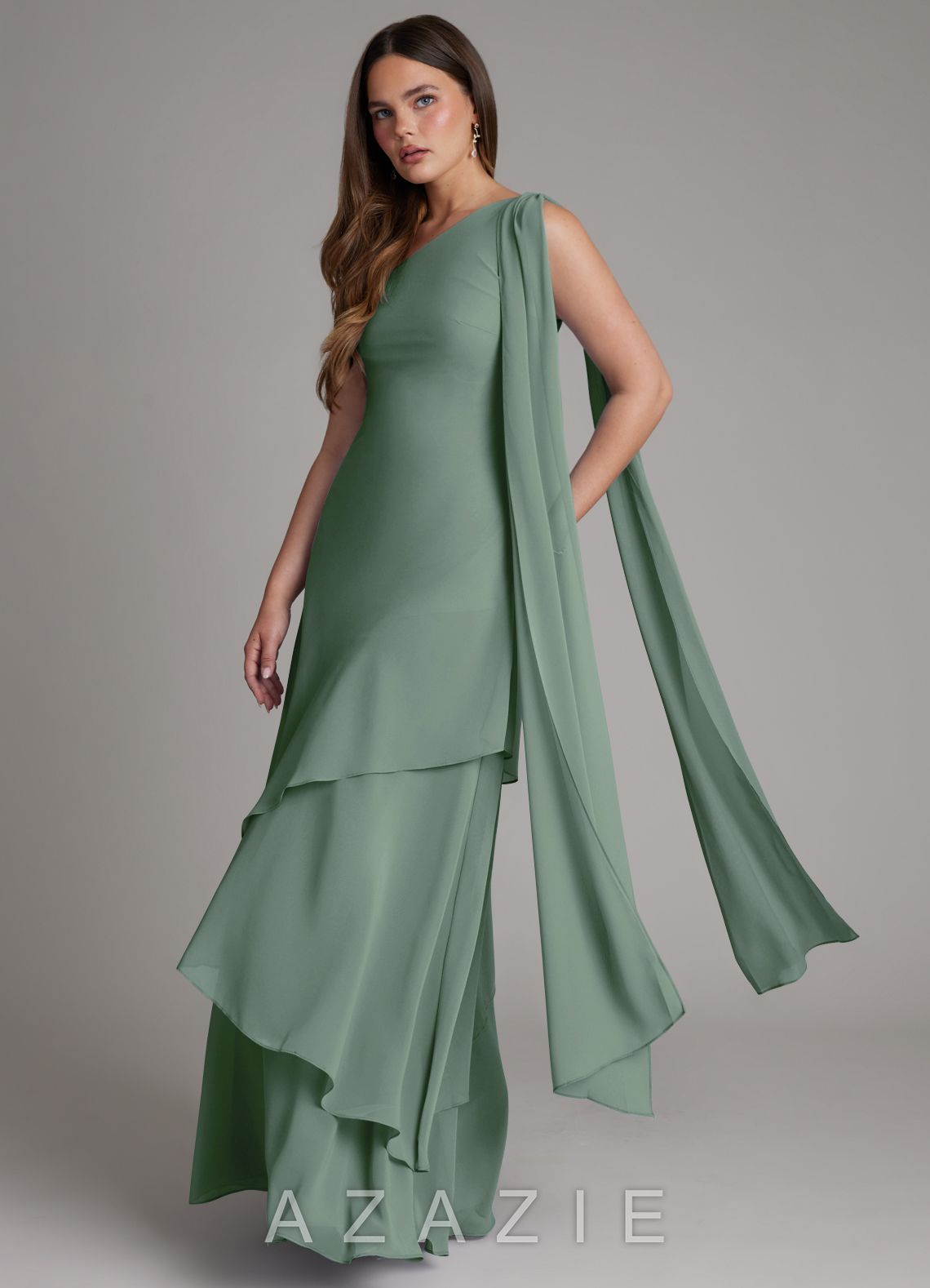 Azazie Monique Eucalyptus A-Line One Shoulder Chiffon Dress eucalyptus