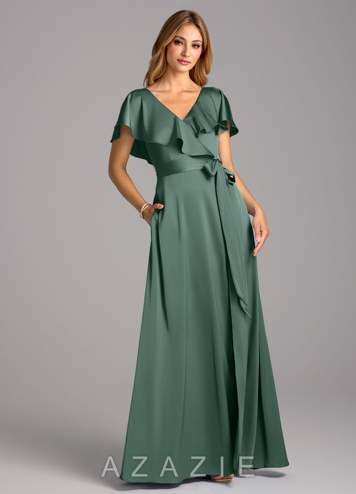 Azazie Lainey Eucalyptus A-Line with Pockets Stretch Satin Dress