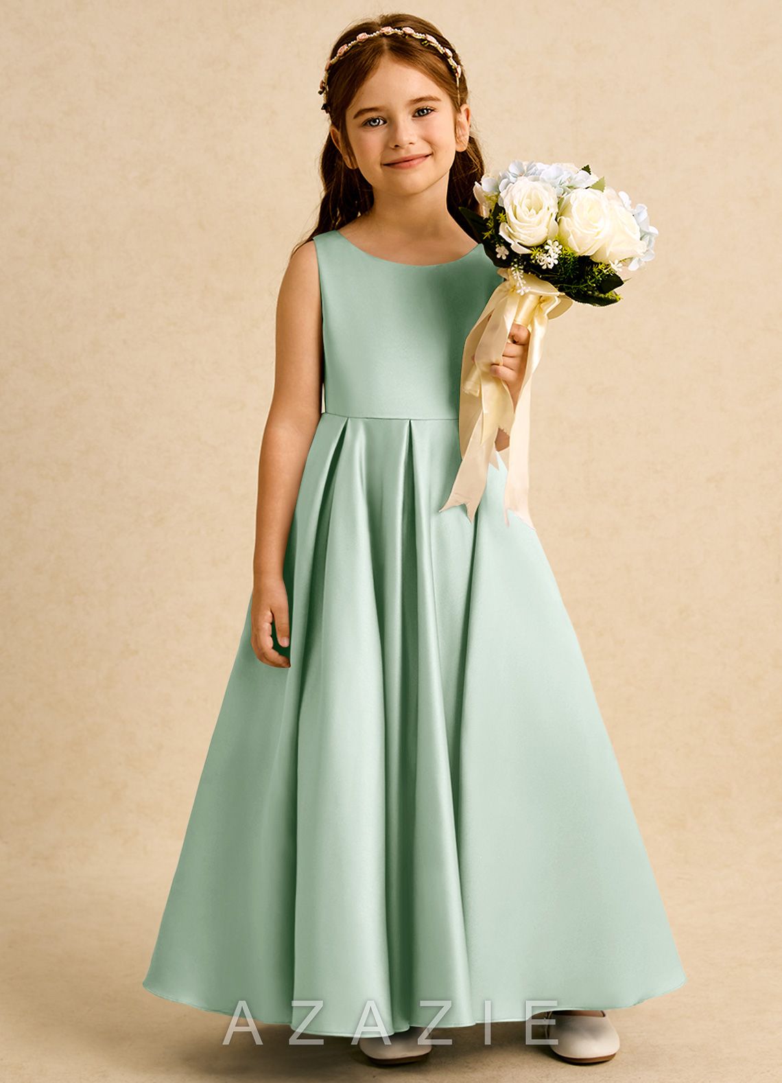 Azazie Pepper Agave A-Line Pleated Matte Satin Dress agave