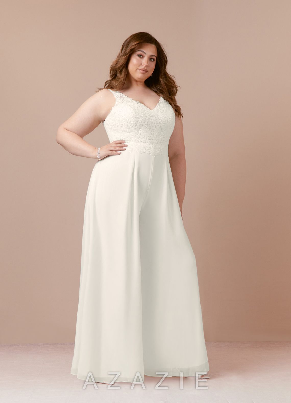 Azazie Florine Wedding Dress Cream Pant Styles V-Neck Lace Chiffon Dress cream