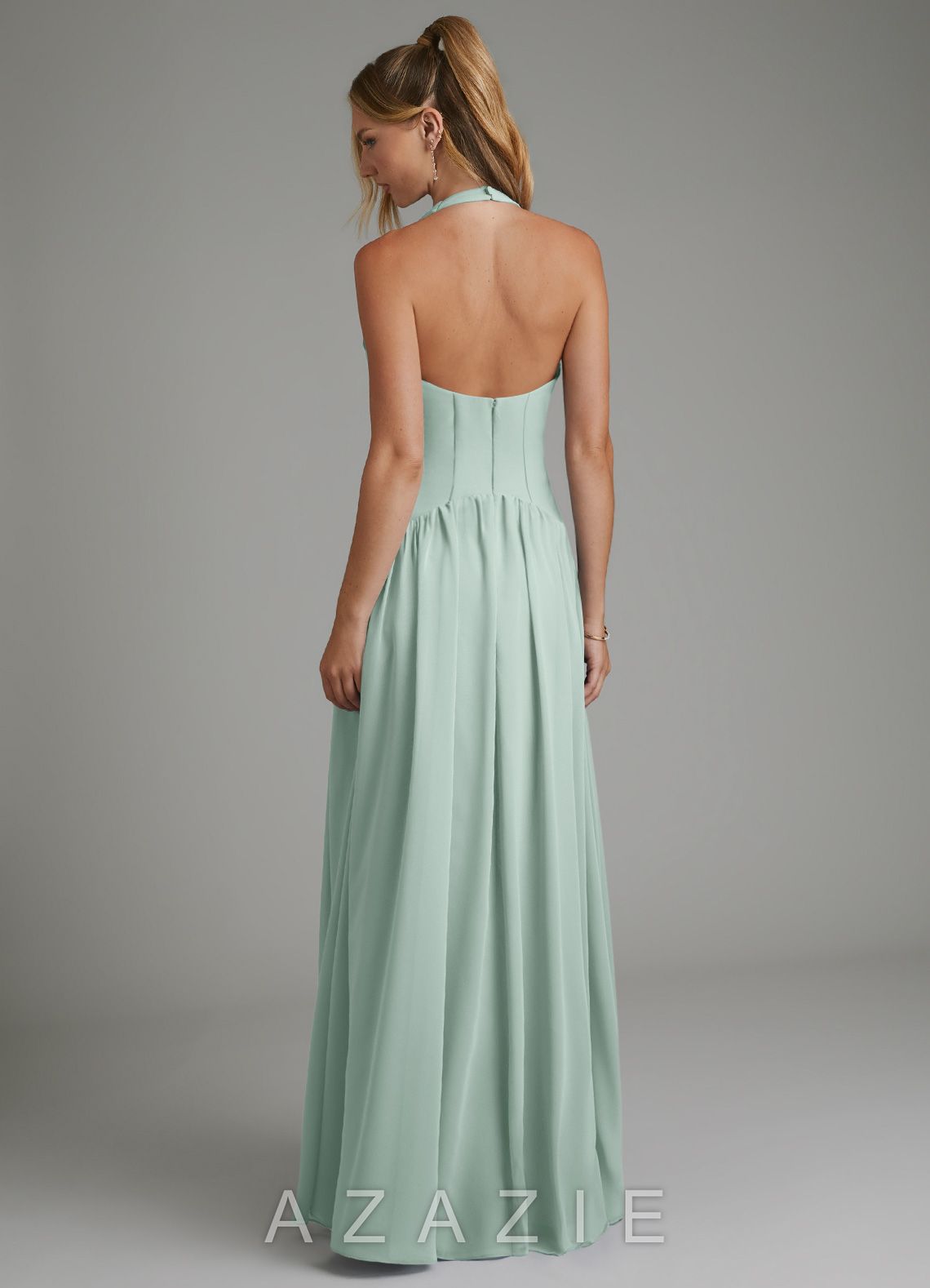 Azazie Alicia Agave A-Line Pleated Chiffon Dress agave
