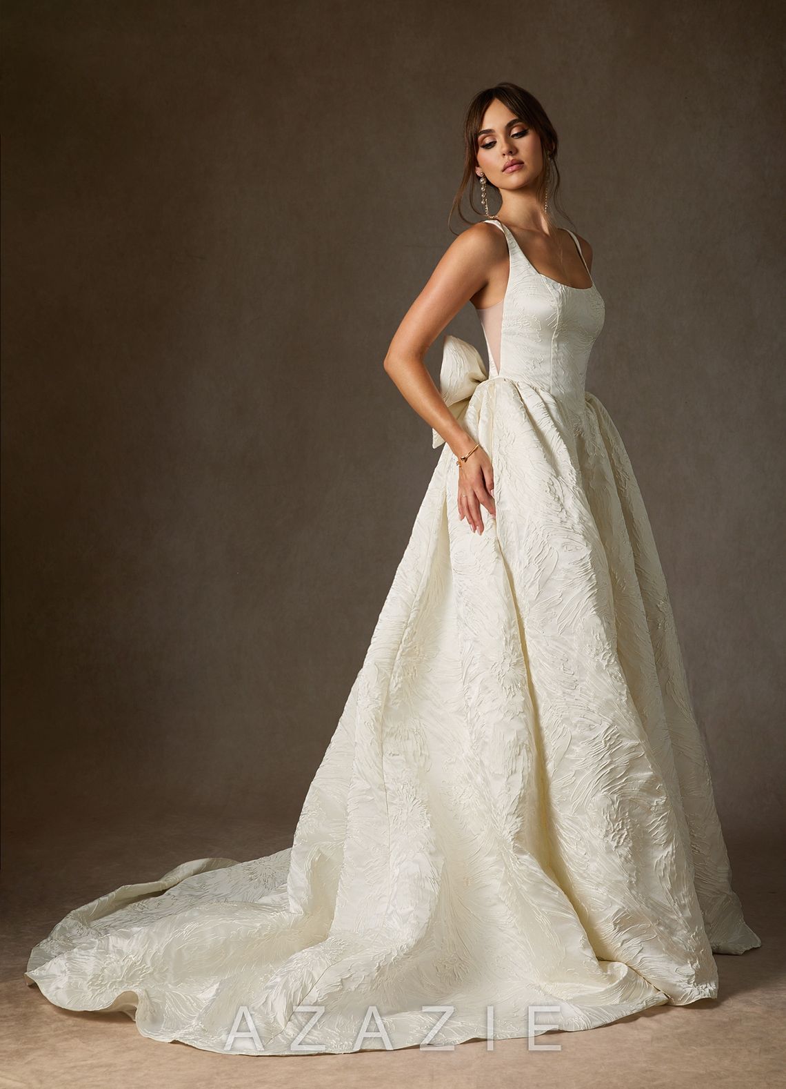 Azazie Skylin Antique White Ball-Gown with Pockets Floral Jacquard Dress antique_white