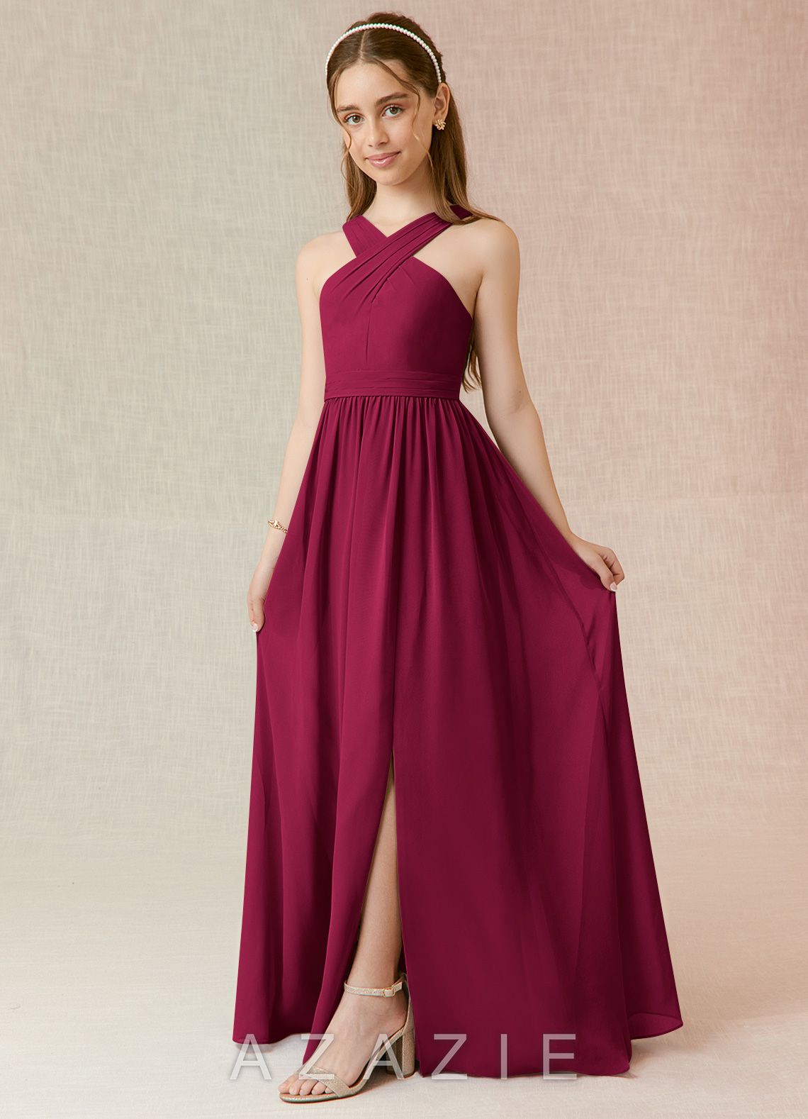 Azazie Jiya Junior Burgundy A-Line Pleated Chiffon Dress