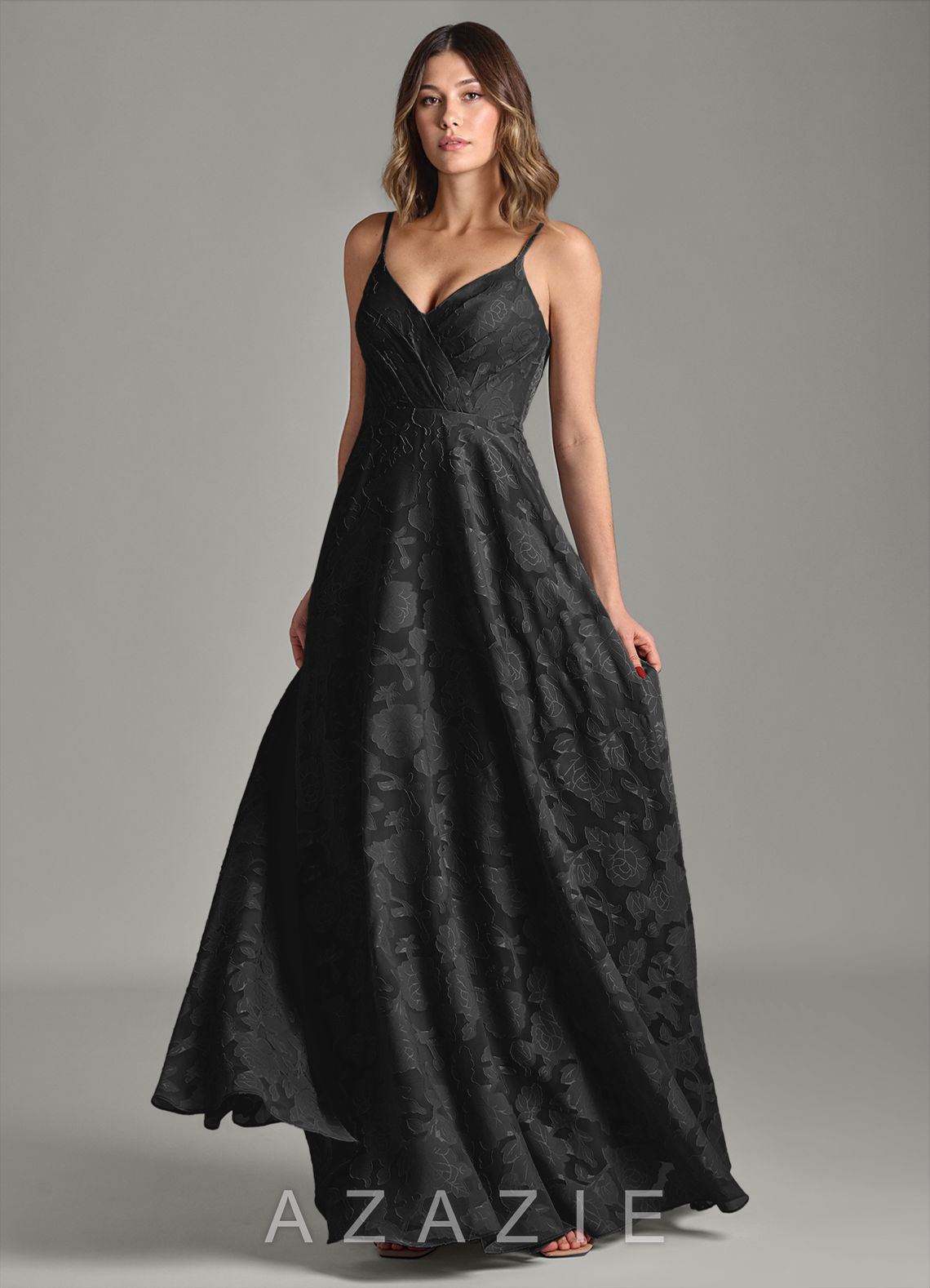 Azazie Amani Black A-Line Pleated Floral Burnout Dress black