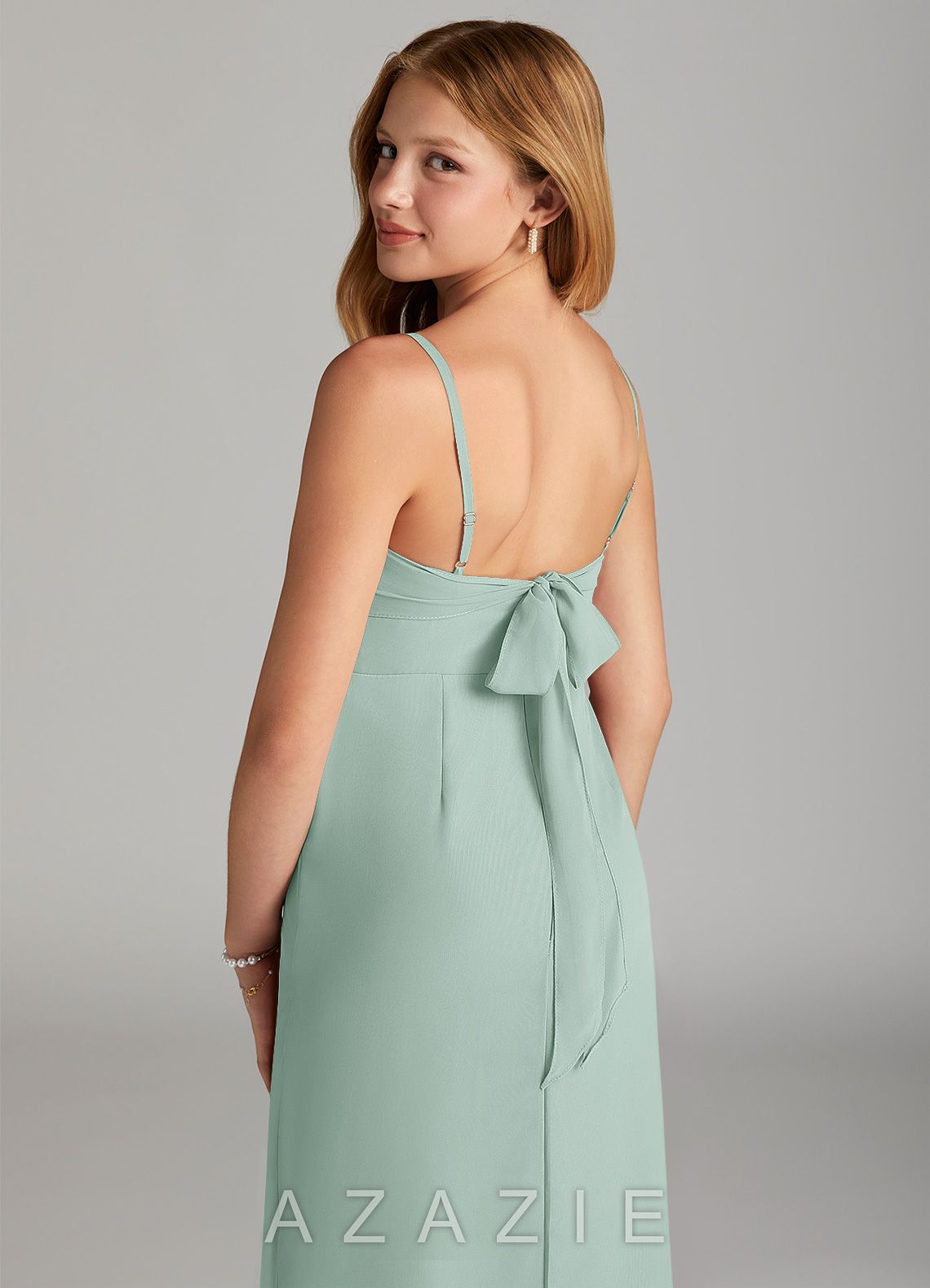 Azazie Mai Junior Agave Sheath Pleated Chiffon Dress agave