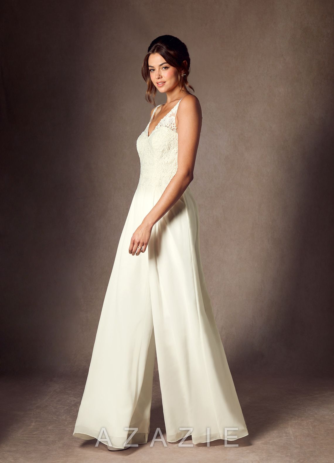 Azazie Florine Wedding Dress Cream Pant Styles V-Neck Lace Chiffon Dress cream