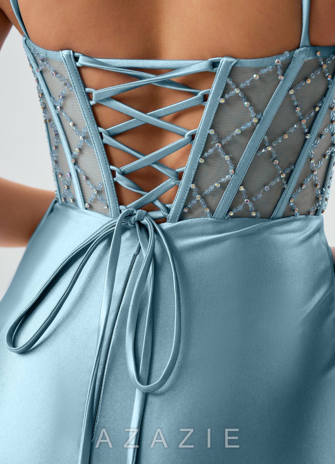 Evlineaange Dusty Blue Stretch Satin Corset Beading Rhinestones Mini Dress